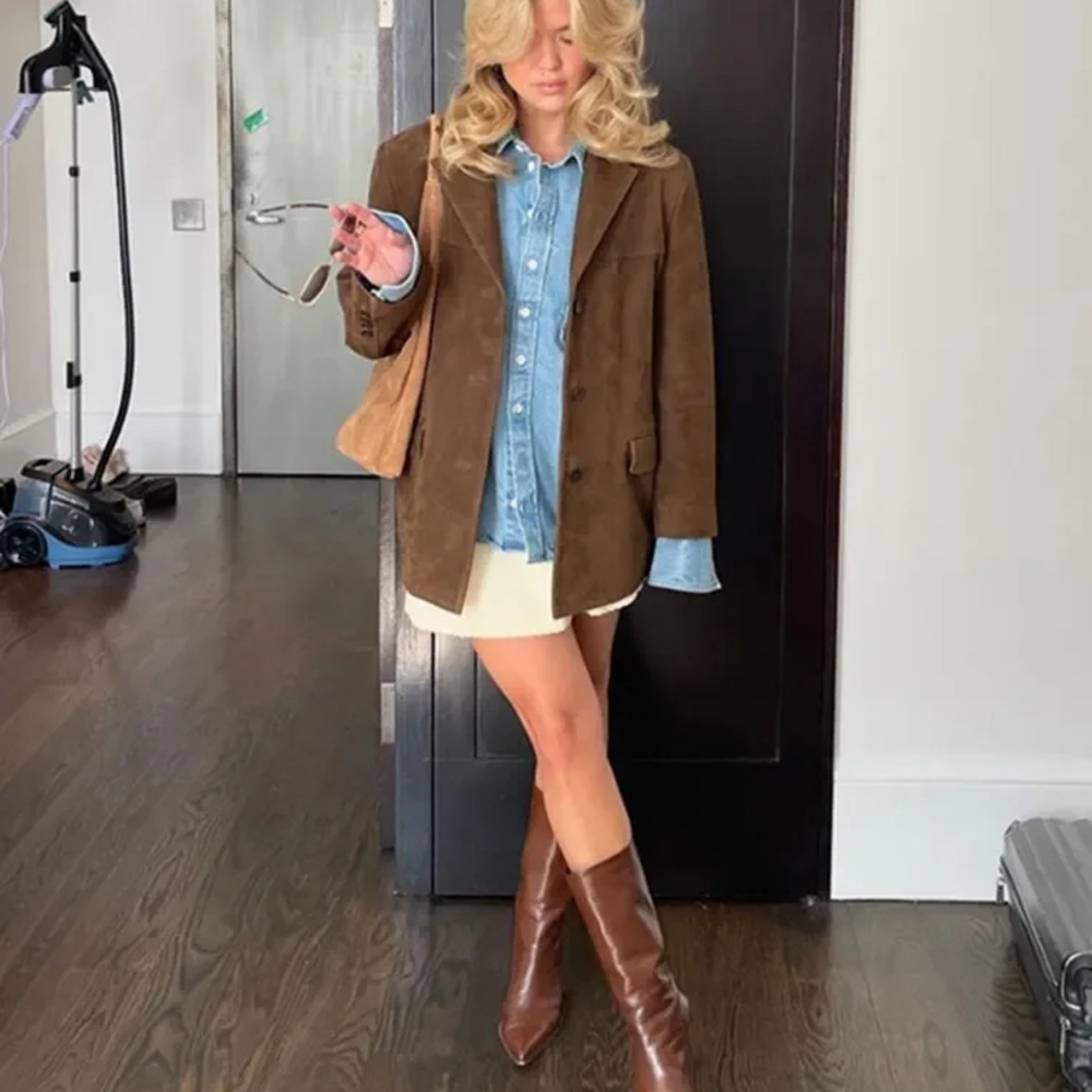 Casual Brown Lapel Pocket PU Suede Leather Jacket Fashion Woman Single Button - Picture 6 of 9